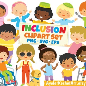 Zestaw clipartów Inclusion. Dzieci prezentujące inkluzywność poprzez różnorodność etniczną, wygląd i niepełnosprawność. Pliki PNG, SVG i EPS.