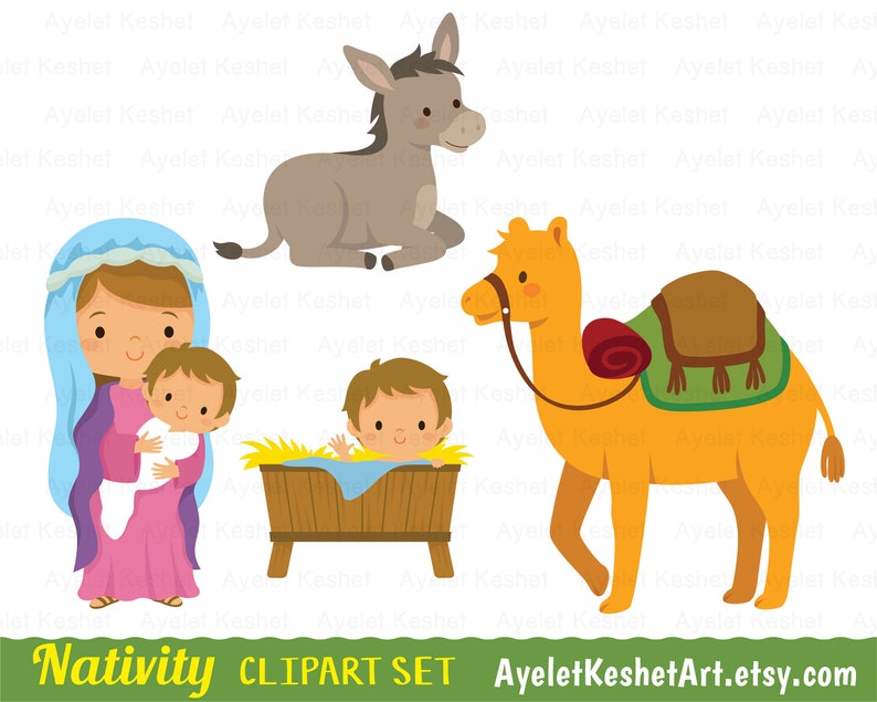 Nativity clipart set for Christmas. Digital clipart bundle with cute illustrations of baby Jesus, Mary and others. PNG, SVG, EPS files. image 5