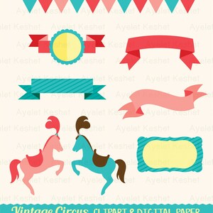 May include: A set of vintage circus clipart and digital paper featuring a red and blue bunting, a red and yellow banner, a pink and blue banner, a red ribbon, a blue ribbon, a blue and yellow striped banner, a blue and yellow striped frame, a blue and brown carousel horse, and a pink and brown carousel horse.