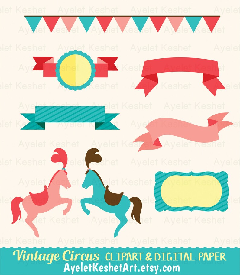 May include: A set of vintage circus clipart and digital paper featuring a red and blue bunting, a red and yellow banner, a pink and blue banner, a red ribbon, a blue ribbon, a blue and yellow striped banner, a blue and yellow striped frame, a blue and brown carousel horse, and a pink and brown carousel horse.