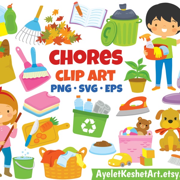 Chores clipart set with icons of housework and responsibilities for kids. SVG, PNG, EPS. For personal & commercial use, instant download.