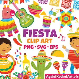 Ensemble de cliparts Fiesta - de jolis graphiques représentant une fête mexicaine et le Cinco de Mayo. Fichiers SVG, PNG, EPS. Pour un usage personnel et commercial.