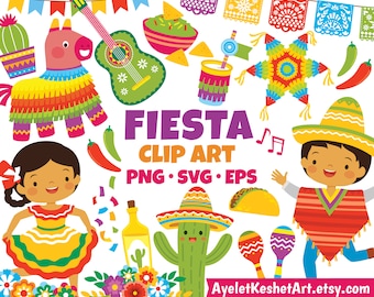 Fiesta clipart set - cute graphics of Mexican party and Cinco de Mayo. SVG, PNG, EPS files. For personal & commercial use.