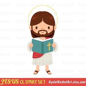 May include: A cartoon illustration of Jesus holding an open book with a cross on the cover. He is wearing a white robe with a red sash and has a halo above his head.