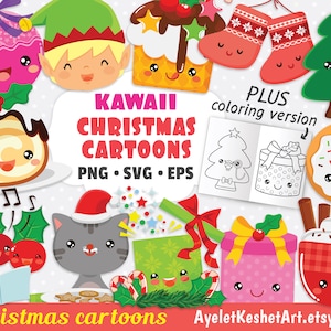 Christmas clipart and coloring pages. cute Christmas cartoons in kawaii style. Instant download.