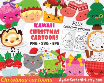 Christmas clipart and coloring pages. cute Christmas cartoons in kawaii style. Instant download.