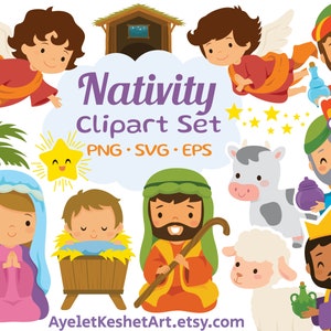 Nativity clipart set for Christmas. Digital clipart bundle with cute illustrations of baby Jesus, Mary and others. PNG, SVG, EPS files. image 1