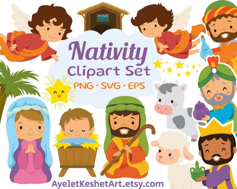 Nativity clipart set for Christmas. Digital clipart bundle with cute illustrations of baby Jesus, Mary and others. PNG, SVG, EPS files. image 1