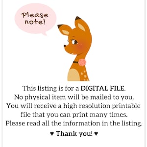 May include: A digital file listing image featuring a cartoon deer with a pink flower collar and a speech bubble that says "Please note!". The text below states the listing is for a digital file and thanks the customer.