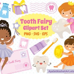 Lot de cliparts fée des dents. Jolies fées des dents, dents kawaii, lettre de fée des dents et plus encore. Fichiers PNG, SVG, EPS. Usage personnel et commercial.