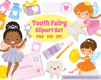 Tooth Fairy clipart bundle. Cute tooth fairies, kawaii teeth, Tooth fairy letter and more. PNG, SVG, EPS files. Personal & commercial use.