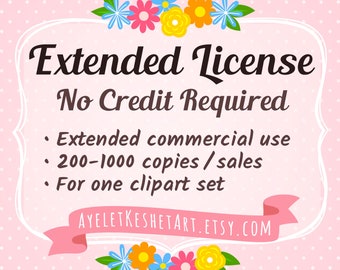 Extended license for a single digital clip art set. Extended commercial use - up to 1,000 copies / sales.