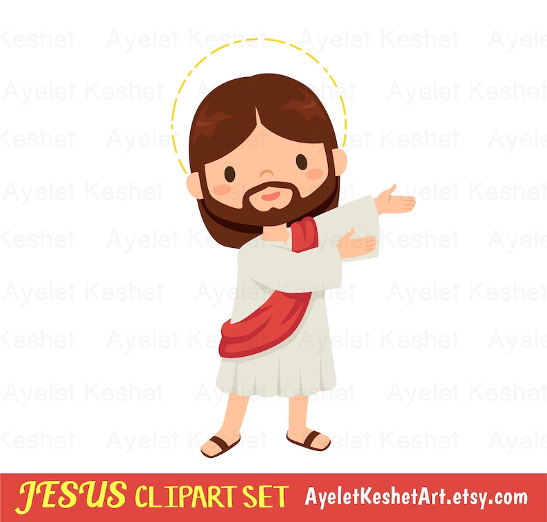 May include: A cartoon illustration of Jesus with a halo, wearing a white robe and a red sash. He is smiling and pointing to the right.