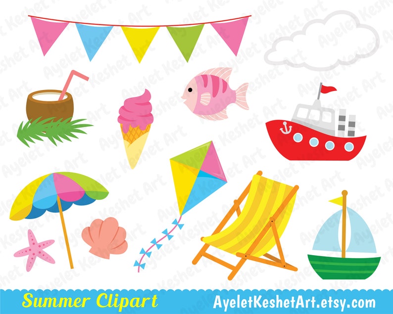 May include: A set of colorful summer clip art images, including a beach umbrella, a seashell, a starfish, a beach chair, a sailboat, a kite, a coconut with a straw, ice cream, a fish, a boat, and a string of flags.
