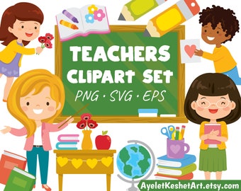 May include: A set of colourful clipart illustrations for teachers. The clipart includes images of teachers, a chalkboard with the text "Teachers Clipart Set PNG. SVG. EPS", a globe, books, pencils, scissors, a heart, flowers, and a table with a garland of hearts.