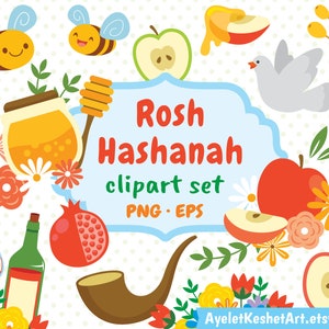 Ensemble de cliparts Rosh Hashanah. Pomme et miel, grenade, shofar et autres symboles de Roch Hachana (Nouvel An juif). Fichiers vectoriels PNG et EPS.