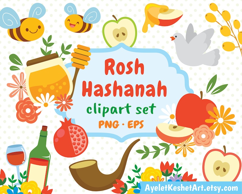 Rosh Hashanah clipart set. Apple and honey, pomegranate, shofar and other symbols of Rosh Hashana Jewish New Year. PNG & EPS vector files. image 1