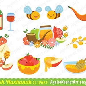 Rosh Hashanah clipart set. Apple and honey, pomegranate, shofar and other symbols of Rosh Hashana Jewish New Year. PNG & EPS vector files. image 2