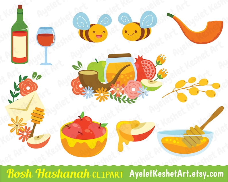 Rosh Hashanah clipart set. Apple and honey, pomegranate, shofar and other symbols of Rosh Hashana Jewish New Year. PNG & EPS vector files. image 2