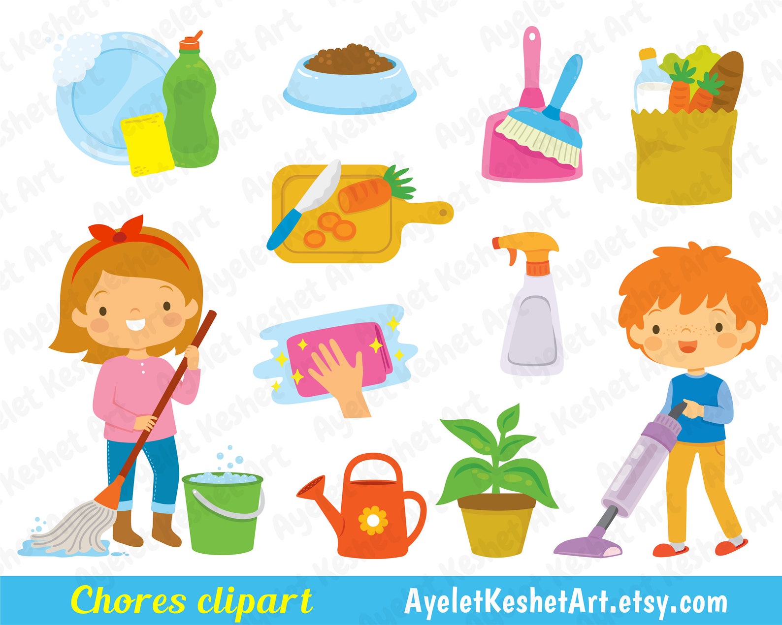 Chores Clipart Set With Icons of Housework and Responsibilities for ...