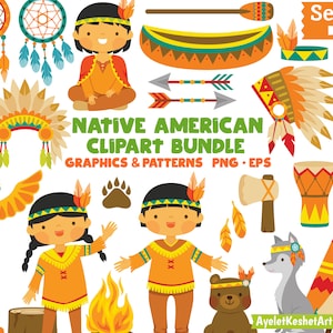 Native American Inspired clipart with Digital Papers. Cute Indian tribal clipart bundle for personal & commercial use. PNG, SVG, EPS files.