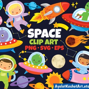 Weltraum Clipart Set. Niedliche Weltraum Elemente - Raumschiffe, Aliens, Planeten und Astronauten. SVG, PNG und EPS. Für den persönlichen und kommerziellen Gebrauch.