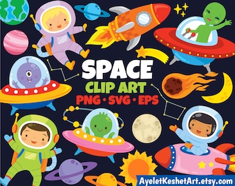 Outer space clipart set. Cute space elements - spaceships, aliens, planets and astronauts. SVG, PNG, EPS. For personal & commercial use.