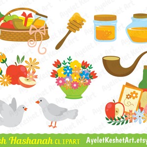 Rosh Hashanah clipart set. Apple and honey, pomegranate, shofar and other symbols of Rosh Hashana Jewish New Year. PNG & EPS vector files. image 3