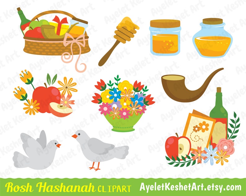 Rosh Hashanah clipart set. Apple and honey, pomegranate, shofar and other symbols of Rosh Hashana Jewish New Year. PNG & EPS vector files. image 3