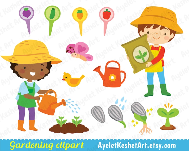 May include: A set of colorful gardening clipart featuring two children, one with brown skin and one with white skin, wearing gardening clothes and hats. The clipart also includes a watering can, a bag of seeds, a butterfly, a bird, a sunflower seed, a sunflower sprout, and a small plant.