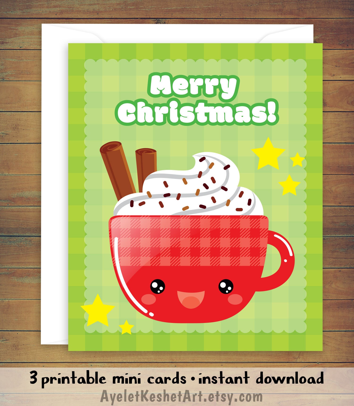 Set of 3 Mini Printable Merry Christmas Cards & Envelope - Etsy Israel