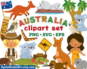 Australia clipart bundle. Cute Australian animals, Australian symbols and cartoon kids. SVG, PNG, EPS. For personal & commercial use.