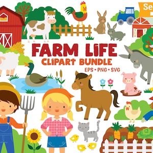 Gros lot de cliparts de ferme. Animaux de la ferme, vie à la ferme et enfants de la ferme, plus le contexte. Pour un usage personnel et commercial. Fichiers vectoriels PNG, SVG, EPS.