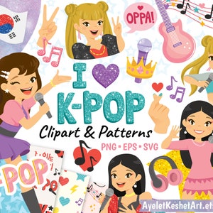 Lot de cliparts K-pop. Symboles Kpop ou pop coréen avec de jolies idoles. Plus des papiers numériques. Usage personnel et commercial. Fichiers PNG, SVG, EPS.