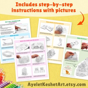 May include: Printable craft instructions for Noah's Ark, featuring step-by-step guides with pictures. The pages show how to make the ark, cabin, windows, Noah and the animals, and the dove. The text includes "Includes step-by-step instructions with pictures."