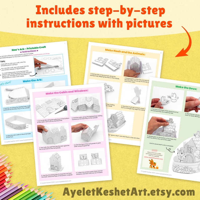 May include: Printable craft instructions for Noah's Ark, featuring step-by-step guides with pictures. The pages show how to make the ark, cabin, windows, Noah and the animals, and the dove. The text includes "Includes step-by-step instructions with pictures."