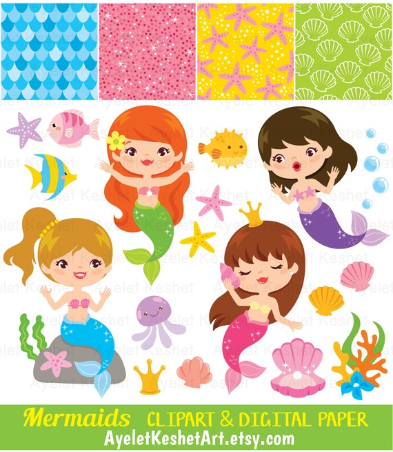 digital clip art set and digital paper cute mermaids and etsy etsy