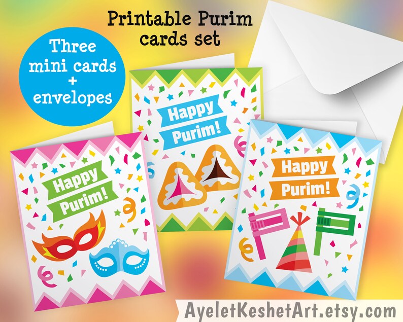 Printable Happy Purim Card Set &amp; Envelopes. 3 Small Printable Cards or ...