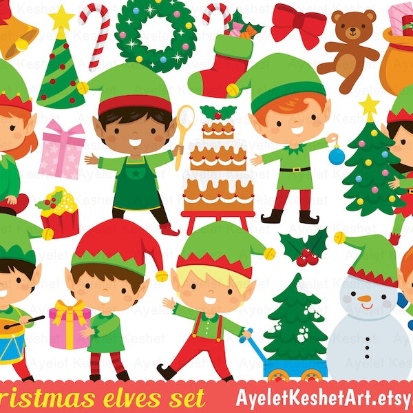 Christmas elves clipart. Cute Christmas clipart set with elves and decorations. PNG, EPS and SVG digital files. Instant download.