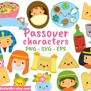 Passover clipart with kawaii characters. Cute Passover or Pesach symbols and characters. PNG, EPS and SVG digital files. Instant download.