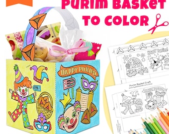 Utskrivbar Purimkorg att färglägga: Purimpyssel för barn - Gör en gör-det-själv-Mishloach Manot (godispaket). Digital nedladdning (PDF).