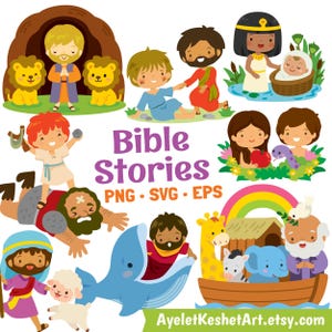 Bible Stories Clip Art: Cute illustrations of Famous Bible Characters and Scenes. PNG, SVA, EPS files.