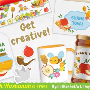 Rosh Hashanah clipart set. Apple and honey, pomegranate, shofar and other symbols of Rosh Hashana Jewish New Year. PNG & EPS vector files. image 6