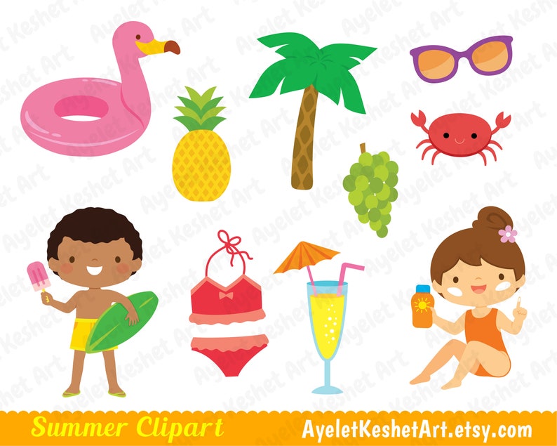 May include: A set of summer themed clipart images including a pink flamingo float, a pineapple, a palm tree, a bunch of green grapes, a red crab, a pair of purple sunglasses, a red bikini, a glass of orange juice with a straw and a yellow umbrella, a boy with a surfboard and a popsicle, and a girl with a bottle of sunscreen.