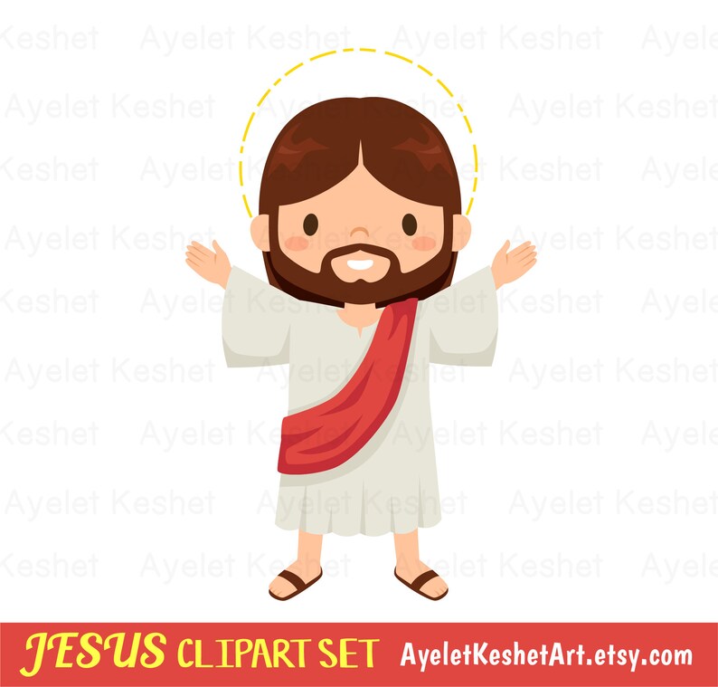 May include: A cartoon illustration of Jesus with a halo, wearing a white robe and a red sash. He has a beard and is smiling with his arms outstretched.