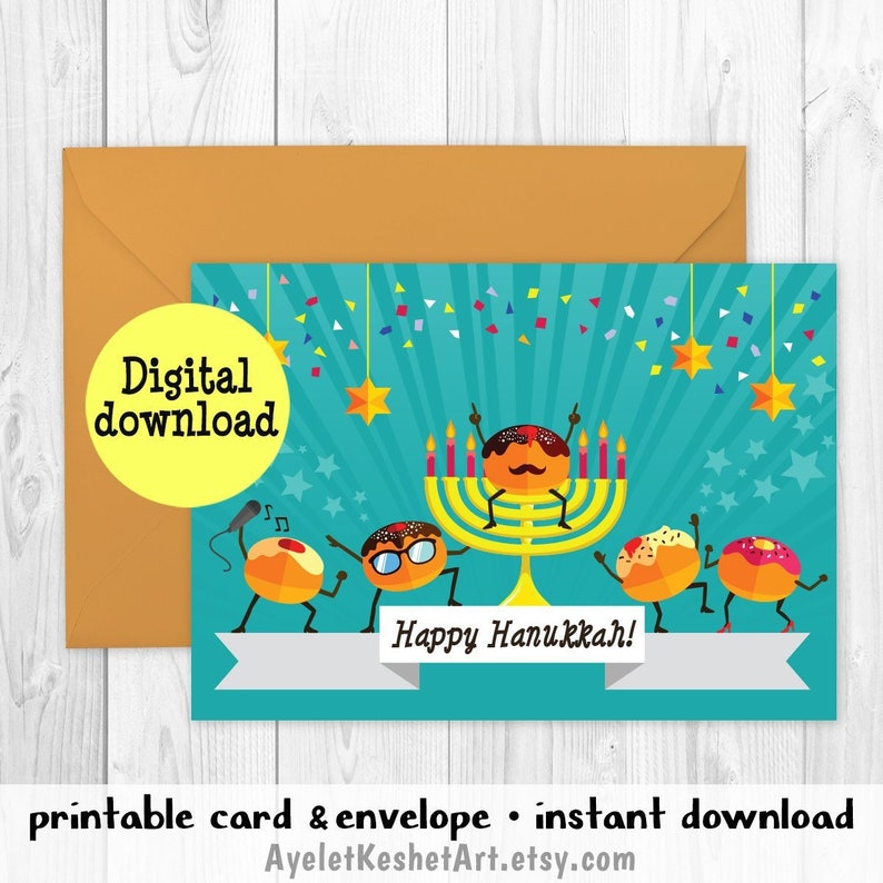 Amusing Hanukkah card - Get together Donuts with a menorah Satisfied Hanukkah Printable greeting card + envelope prompt down load A6 electronic card image about Printable Hanukkah Card referred to as Humorous Hanukkah card - Social gathering Donuts with a menorah Satisfied Hanukkah Printable greeting card + envelope fast obtain A6 electronic card