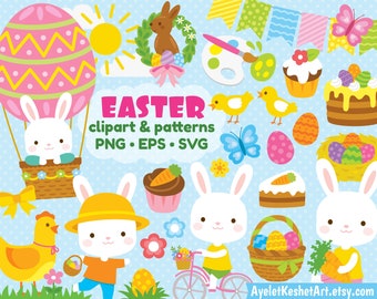 Cute Easter clipart bundle. Cute Easter bunnies, Easter eggs and spring items plus digital papers. Personal & commercial use. PNG, SVG, EPS.