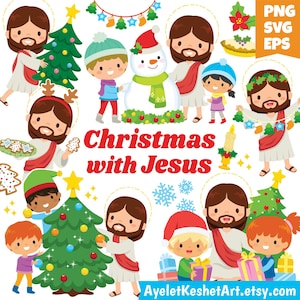Ensemble de cliparts Noël avec Jésus - Jésus mignon et enfants religieux célébrant Noël, clipart chrétien pour les vacances. Fichiers PNG, EPS, SVG.
