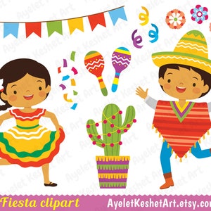 May include: A set of colorful digital illustrations for a fiesta celebration. The set includes a girl in a red, yellow, and green dress, a boy in a red and yellow poncho, a cactus with red lights, maracas, confetti, and a banner with flags.
