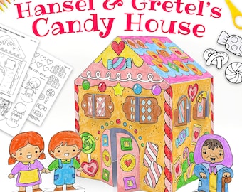 Printable Candy House Craft – Make Hansel and Gretel Scene with a Template to Color and Assemble. Fairytale Activity for Kids (PDF).